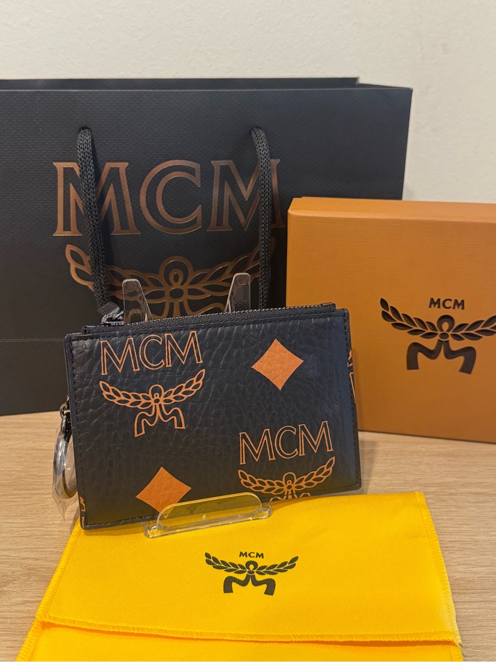 MCM Black with Orange Logo Zip Card Case